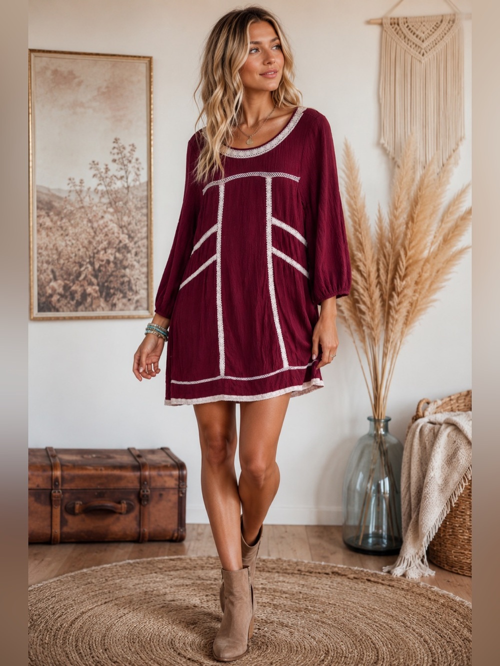 entro Wine Mini Dress with Cream Trim
